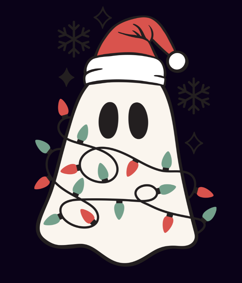 image of a cute christmas ghost with a santa hat and entangled in christmas tree lights