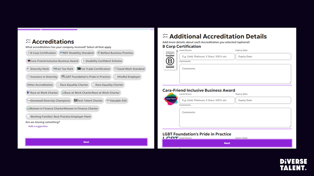 A screenshot of DiverseTalent's Accreditations Page