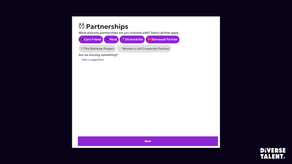 A screenshot of DiverseTalent's Partnerships Page