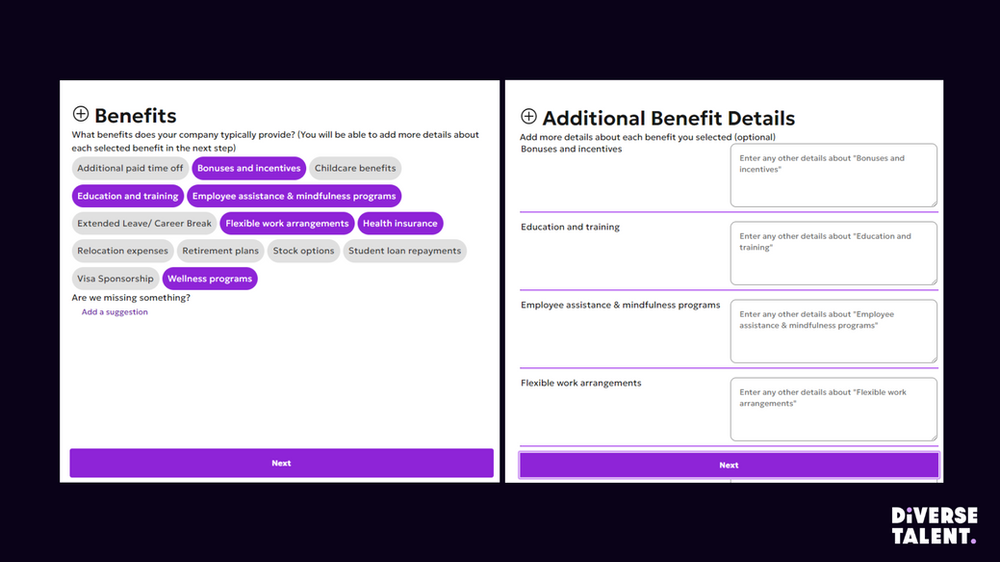 A screenshot of DiverseTalent's Benefits Page