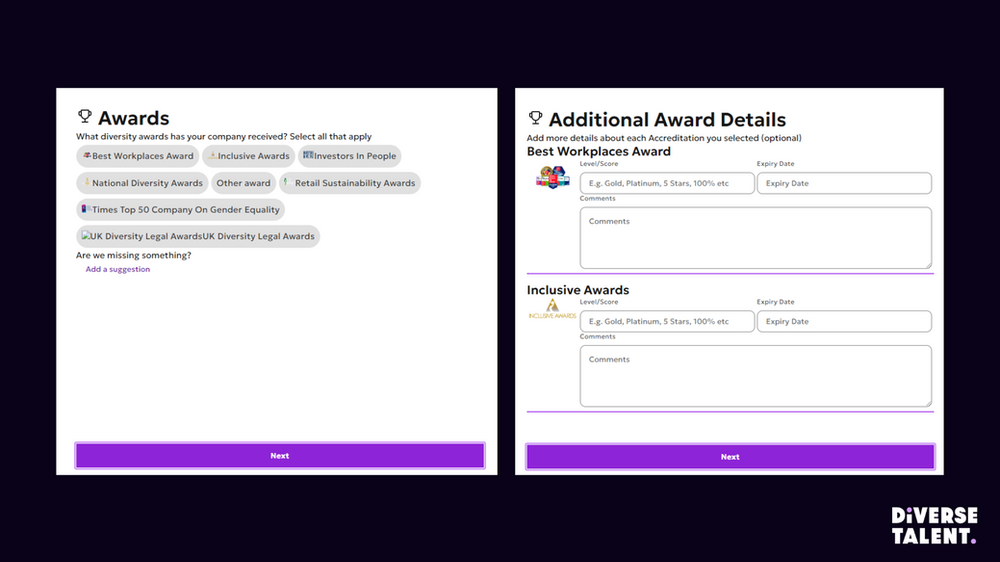 A screenshot of DiverseTalent's Awards Page