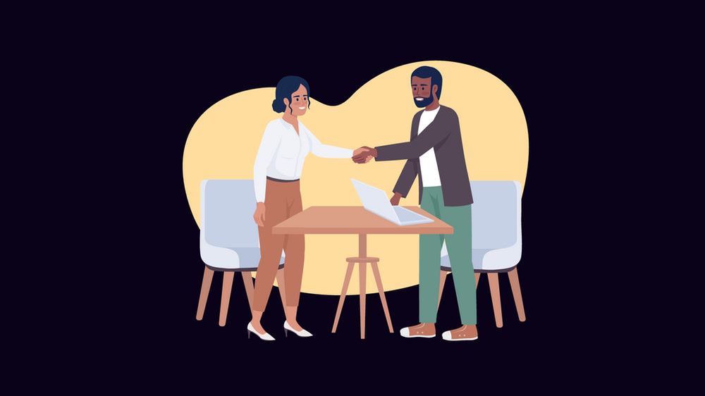 Cartoon image of man and woman shaking hands and meeting for an interview