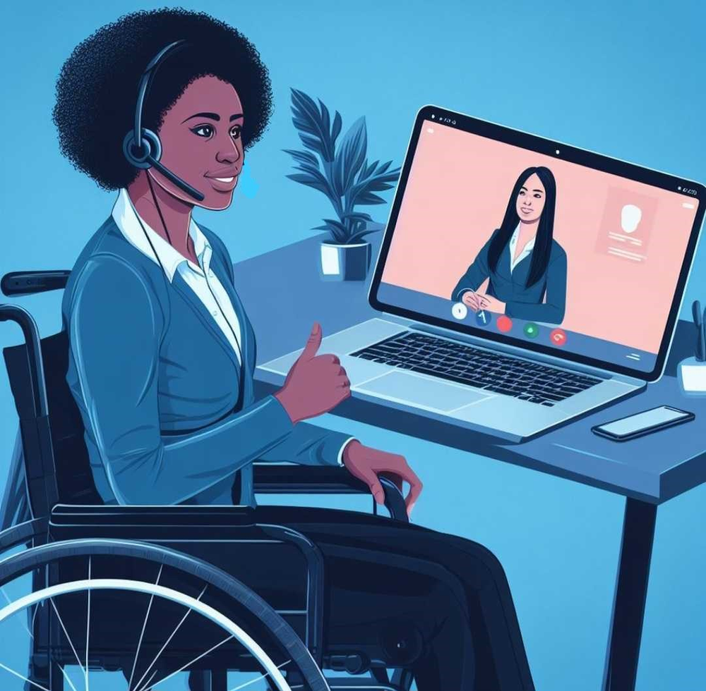 A woman in a wheelchair on a video interview call