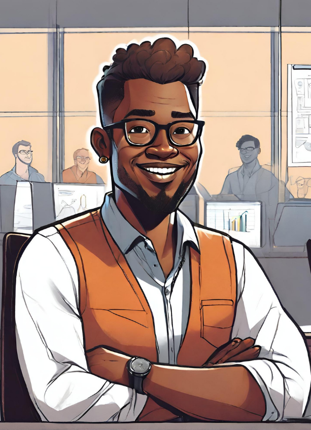 Sam - a cartoon style man sitting in an office with his arms folded