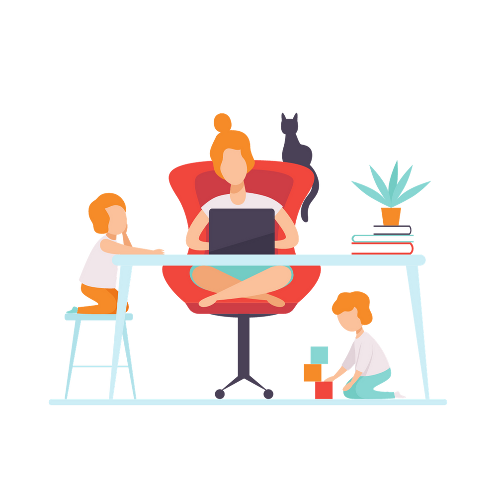 cartoon image of mother working from home with 2 kids and a cat