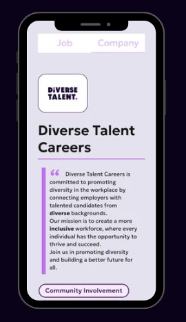 A phone screen with diverse talents company information on it